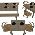 Wooden Tea Table and Matching Chairs with Bench Set Including Multiple Teapots 3d model