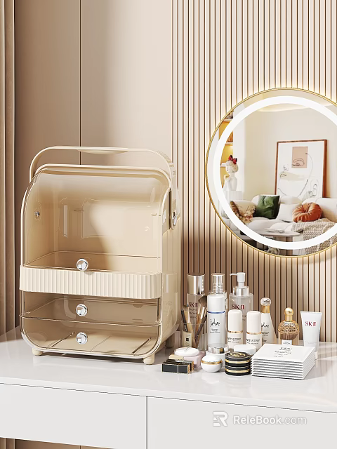 Beige Transparent Cosmetic Storage Organizer With Skincare Products And Perfume Bottles On Vanity Area 3d model 