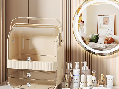 Beige Transparent Cosmetic Storage Organizer With Skincare Products And Perfume Bottles On Vanity Area 3d model