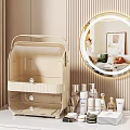 Beige Transparent Cosmetic Storage Organizer With Skincare Products And Perfume Bottles On Vanity Area