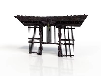 Traditional Wooden Gate Design With Curved Eaves And Black Grille 3d model
