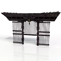 Traditional Wooden Gate Design With Curved Eaves And Black Grille