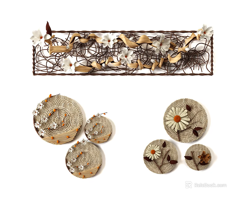 Artistic Wall Decor With Metal Wire Frame And Flower Accented Circular Plates 3d model 