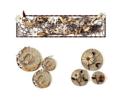 Artistic Wall Decor With Metal Wire Frame And Flower Accented Circular Plates 3d model