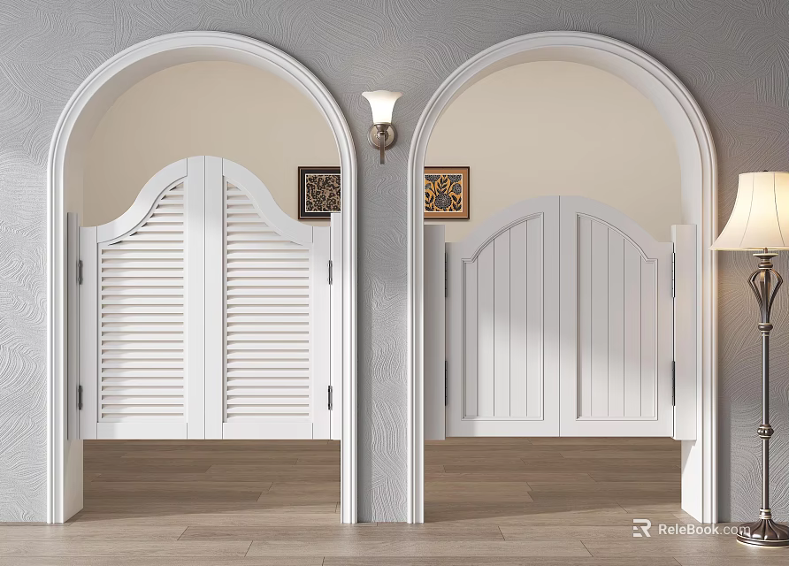 Arched Doorways With White Louvered And Panel Doors Gray Walls Decorative Paintings Wooden Flooring 3d model 