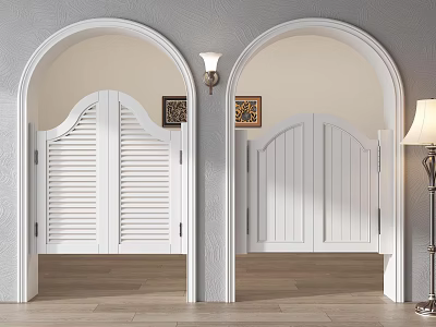 Arched Doorways With White Louvered And Panel Doors Gray Walls Decorative Paintings Wooden Flooring 3d model