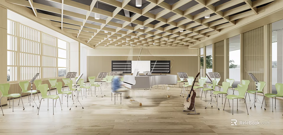 School Music Classroom Interior Featuring Piano Green Chairs Wooden Floor And Lattice Ceiling 3d model 