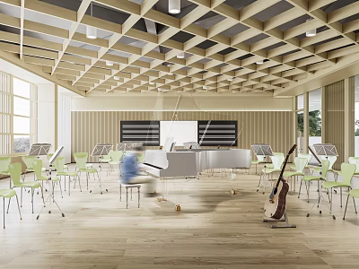 School Music Classroom Interior Featuring Piano Green Chairs Wooden Floor And Lattice Ceiling 3d model