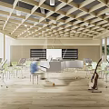 School Music Classroom Interior Featuring Piano Green Chairs Wooden Floor And Lattice Ceiling