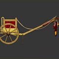 Ancient Decorative Carriage With Golden Frame Red Cushion And Large Wooden Wheels
