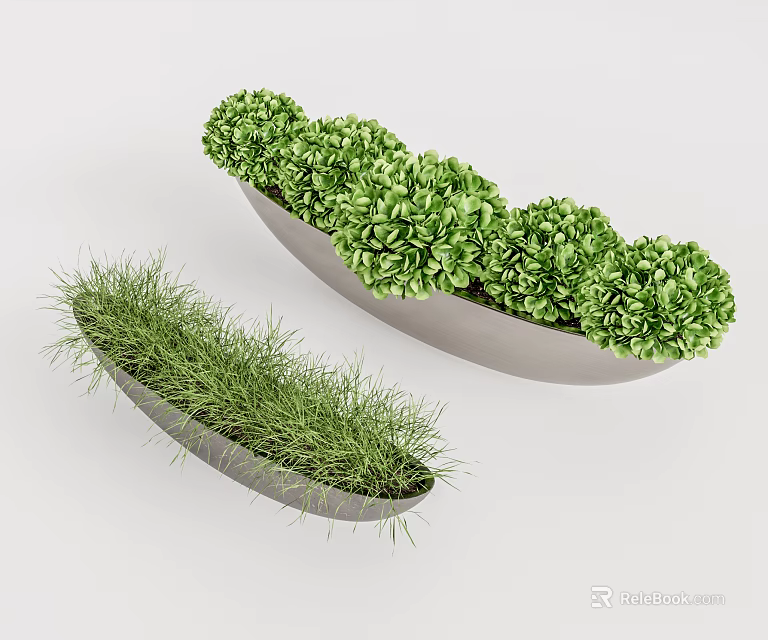 Bonsai Potted Plants In Long And Oval Gray Containers With Grass And Round Green Foliage 3d model 