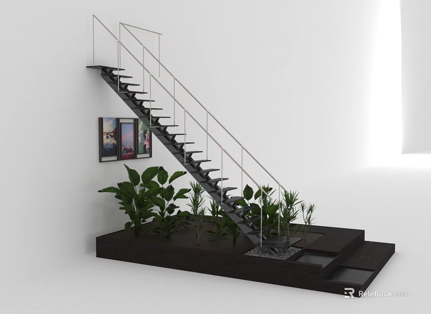 Modern Staircase With Metal Railing Green Plants In Planter Area And White Wall 3d model 