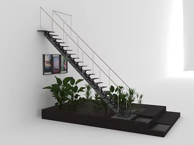 Modern Staircase With Metal Railing Green Plants In Planter Area And White Wall 3d model