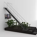 Modern Staircase With Metal Railing Green Plants In Planter Area And White Wall