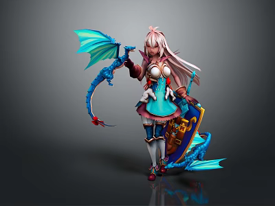 Fantasy Game Character With Pink Hair Blue Dragon Wings Weapon White Blue Outfit And Shield 3d model