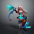 Fantasy Game Character With Pink Hair Blue Dragon Wings Weapon White Blue Outfit And Shield