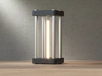 Modern Candle Lamp With Black Base Silver Metal Frame And Glowing Light On Wooden Table 3d model