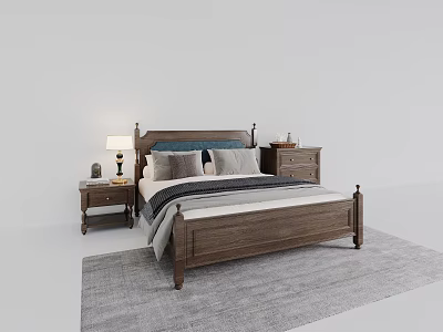 Wooden Double Bed With Gray Beige Pillows Nightstands Table Lamp Small Decor And Gray Rug 3d model