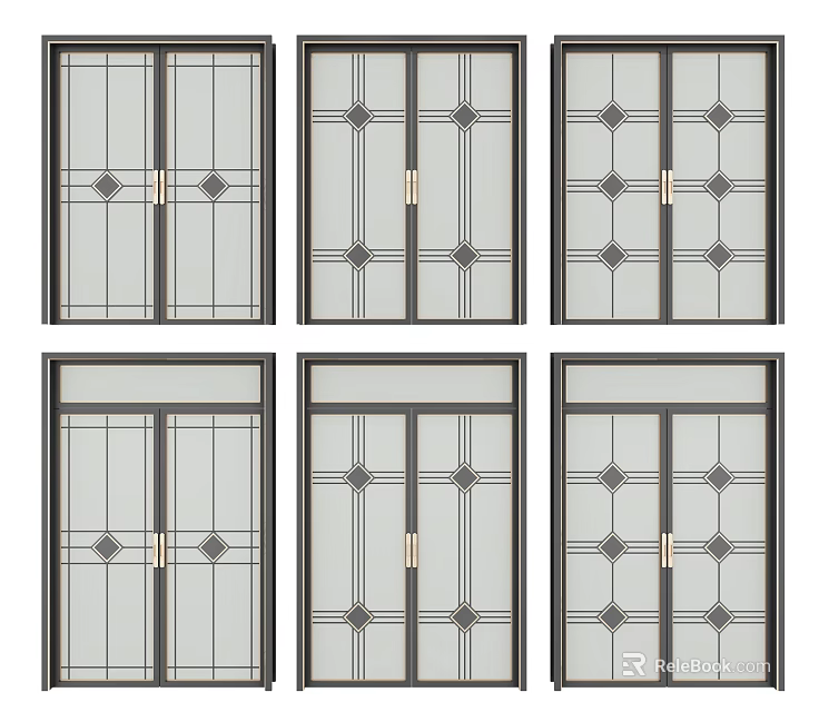 Stylish Double Doors With Glass Panels Patterned Designs Dark Frames And Golden Handles 3d model