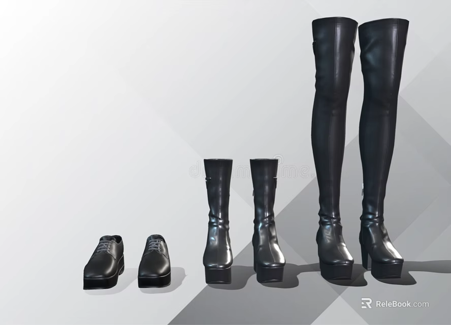 Black Leather Shoes Collection Including Ankle Mid Calf And Over The Knee Platform Boots 3d model 