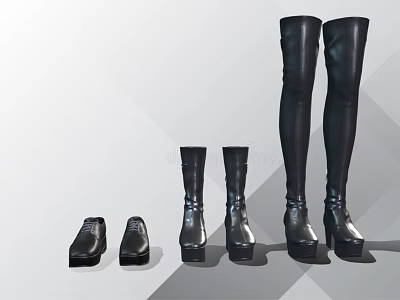 Black Leather Shoes Collection Including Ankle Mid Calf And Over The Knee Platform Boots 3d model