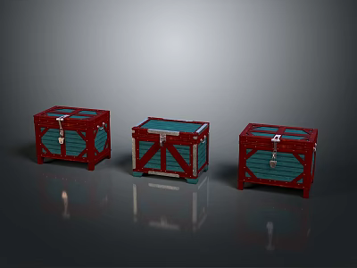 Three Red Storage Boxes With Blue Panels And Metal Latches For Home Storage 3d model