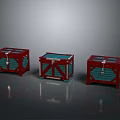 Three Red Storage Boxes With Blue Panels And Metal Latches For Home Storage