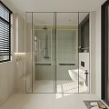 Modern Bathroom Interior With Glass Shower Light Green Tiled Walls White Sink And Window Blinds