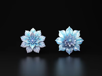 Blue Flower Shaped Decorative Ornament Set With Glossy Petals On Black Background 3d model
