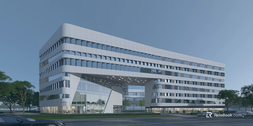 Modern Office Building With Glass Curtain Wall And Contemporary Geometric Architectural Design 3d model 