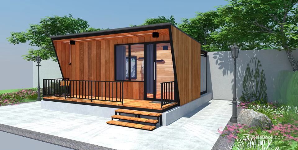 Modern Wooden Hotel Room With Black Frame Balcony Wooden Steps And Green Plants 3d model 