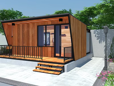 Modern Wooden Hotel Room With Black Frame Balcony Wooden Steps And Green Plants 3d model