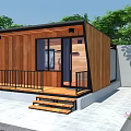 Modern Wooden Hotel Room With Black Frame Balcony Wooden Steps And Green Plants