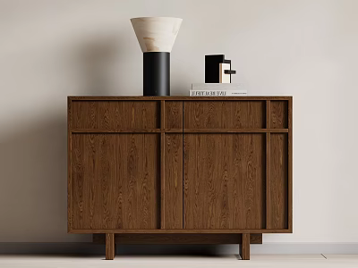 Wooden Decorative Cabinet with Oak Finish Adorned with Vase and Books in Modern Living Space 3d model