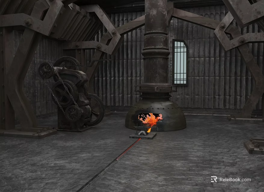 Industrial Style Scene Featuring Large Metal Structures Burning Furnace Gears And Mechanical Devices 3d model 