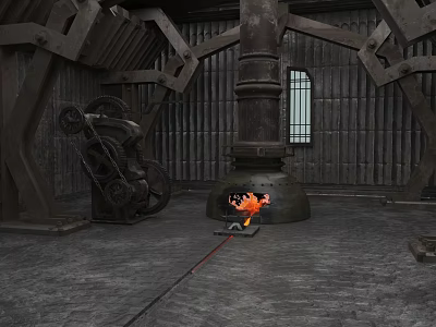 Industrial Style Scene Featuring Large Metal Structures Burning Furnace Gears And Mechanical Devices 3d model