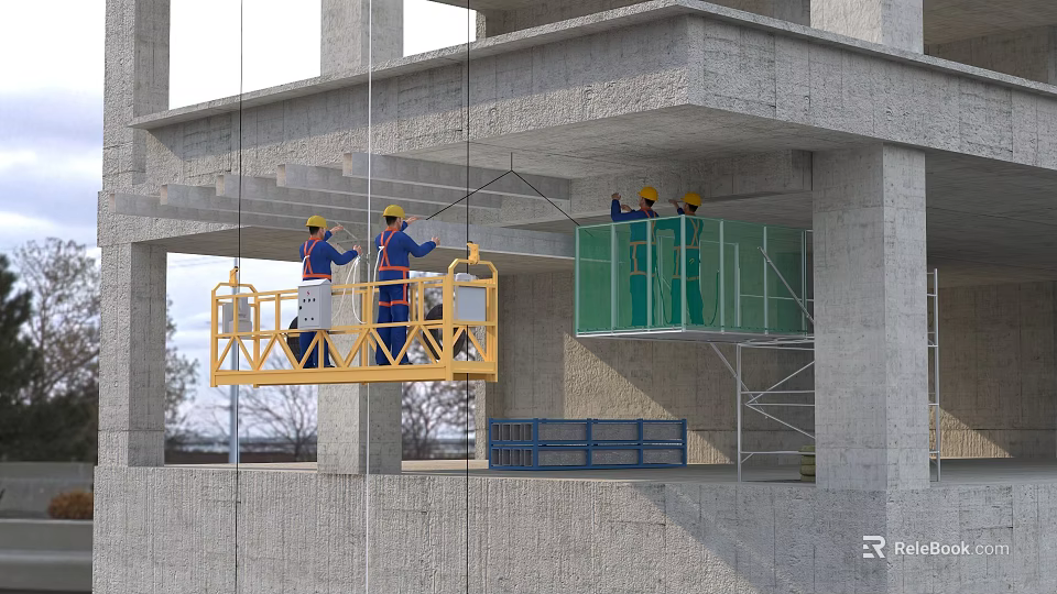 Urban Building Construction Site With Workers On Yellow Platform And Green Safety Barrier 3d model 