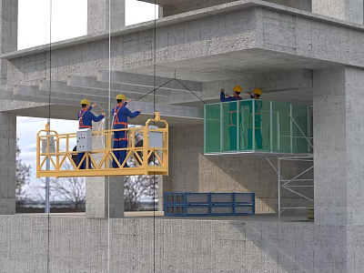 Urban Building Construction Site With Workers On Yellow Platform And Green Safety Barrier 3d model