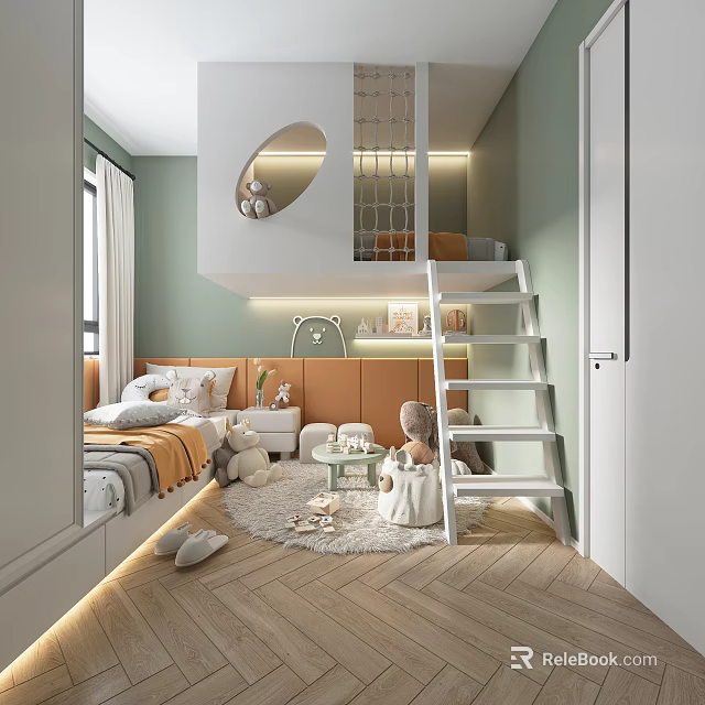 Cozy Kids Bedroom Interior With Loft Bed Ladder And Plush Toys 3d model 