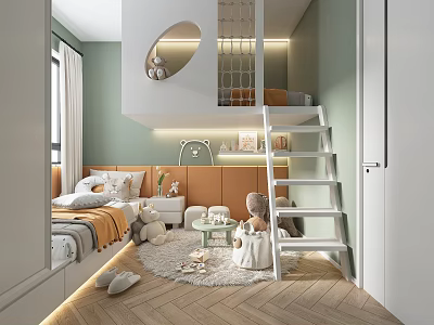 Cozy Kids Bedroom Interior With Loft Bed Ladder And Plush Toys 3d model