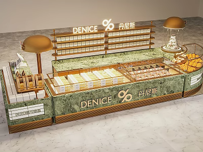 DENICE Dessert Shop Featuring Green Display Counter Golden Lamps And Fresh Dessert 3d model