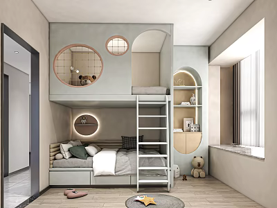 Cozy Kids Room Interior With Bunk Bed Ladder Round Windows Storage Shelves And Stuffed Toys 3d model