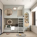 Cozy Kids Room Interior With Bunk Bed Ladder Round Windows Storage Shelves And Stuffed Toys