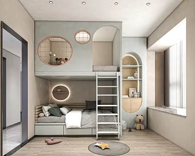 Cozy Kids Room Interior With Bunk Bed Ladder Round Windows Storage Shelves And Stuffed Toys 3d model