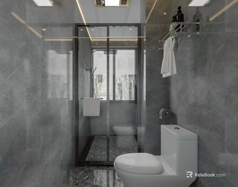 Sleek Modern Grey Marble Bathroom With Black Framed Glass Shower Enclosure And Practical Bath Fixtures 3d model 