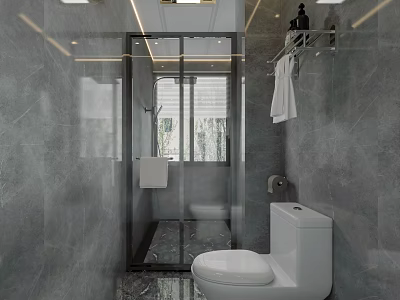 Sleek Modern Grey Marble Bathroom With Black Framed Glass Shower Enclosure And Practical Bath Fixtures 3d model