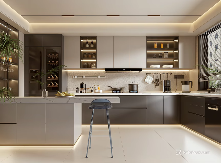 Modern Kitchen Interior With Island Countertop Dark Cabinets And Bar Stool 3d model 