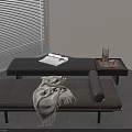 Modern Leather Bed Bench With Blanket Magazine Tray Water Bottle And Gray Floor Blinds