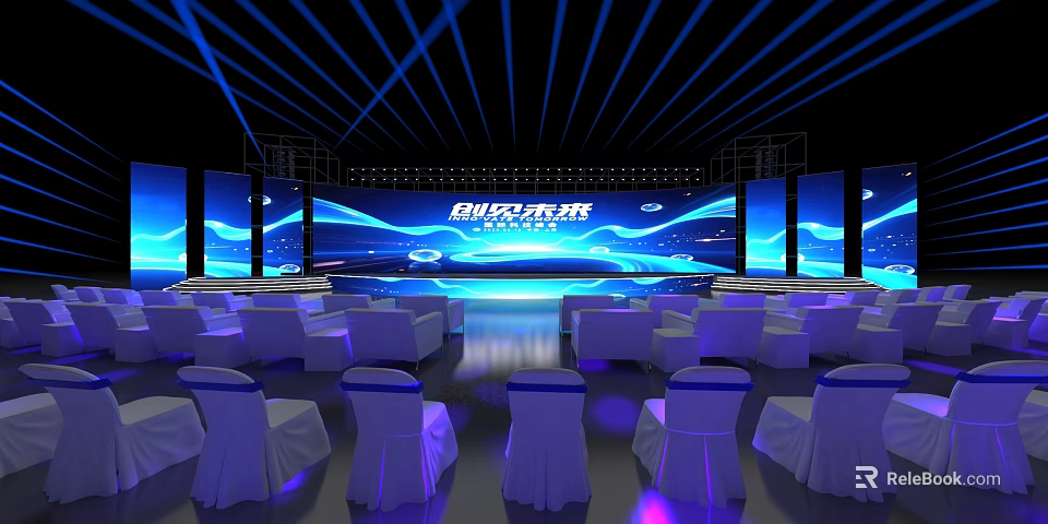 Innovative Future Themed Stage With Blue Lighting Large Screen And Chairs 3d model