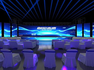 Innovative Future Themed Stage With Blue Lighting Large Screen And Chairs 3d model